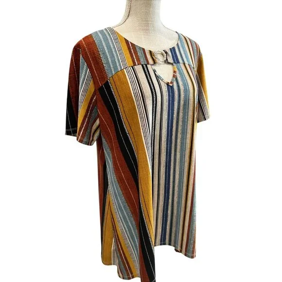 Ellen Weaver Striped Short-Sleeve Top With Keyhole & Ring Detail XL - Picture 3 of 7